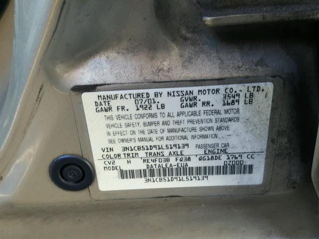 3N1CB51D91L519139 - 2001 NISSAN SENTRA XE BROWN photo 10