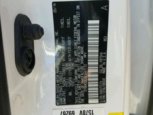 5TDKK3DC9ES491732 - 2014 TOYOTA SIENNA LE WHITE photo 10