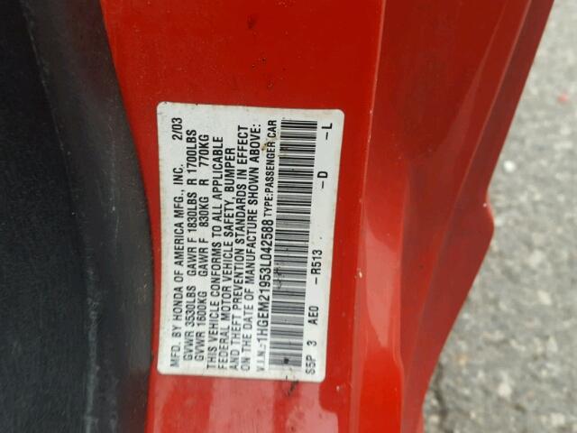 1HGEM21953L042588 - 2003 HONDA CIVIC EX RED photo 10