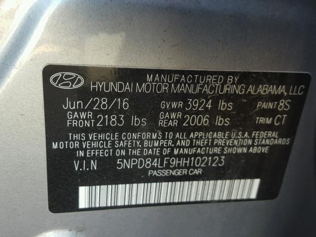 5NPD84LF9HH102123 - 2017 HYUNDAI ELANTRA SE GRAY photo 10