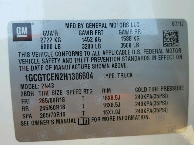 1GCGTCEN2H1306604 - 2017 CHEVROLET COLORADO L WHITE photo 10