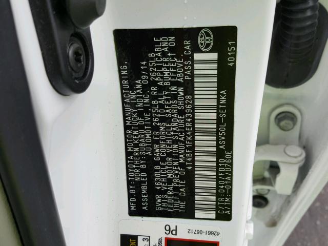 4T4BF1FK4ER439628 - 2014 TOYOTA CAMRY L WHITE photo 10