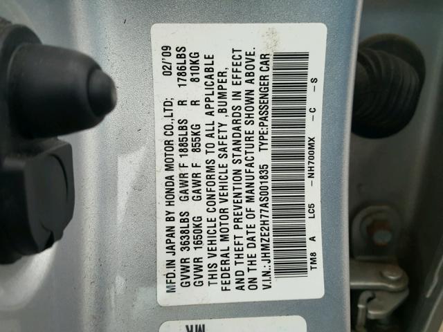 JHMZE2H77AS001835 - 2010 HONDA INSIGHT EX SILVER photo 10