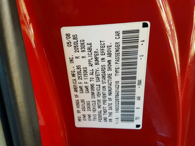 1HGCS22878A014216 - 2008 HONDA ACCORD EXL RED photo 10