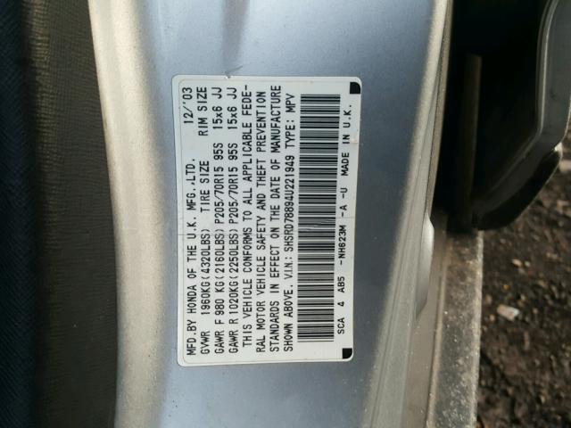 SHSRD78894U221949 - 2004 HONDA CR-V EX SILVER photo 10