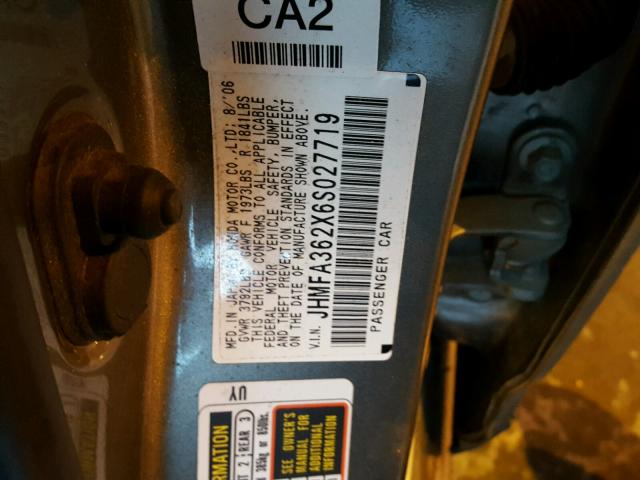 JHMFA362X6S027719 - 2006 HONDA CIVIC HYBR GRAY photo 10