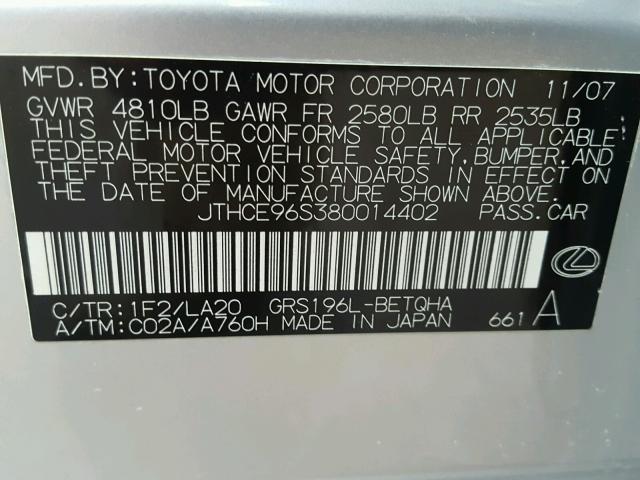 JTHCE96S380014402 - 2008 LEXUS GS 350 SILVER photo 10