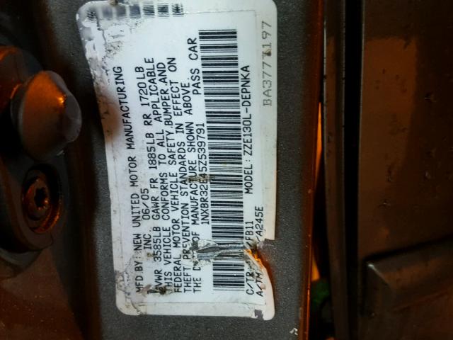 1NXBR32E45Z539791 - 2005 TOYOTA COROLLA CE GRAY photo 10