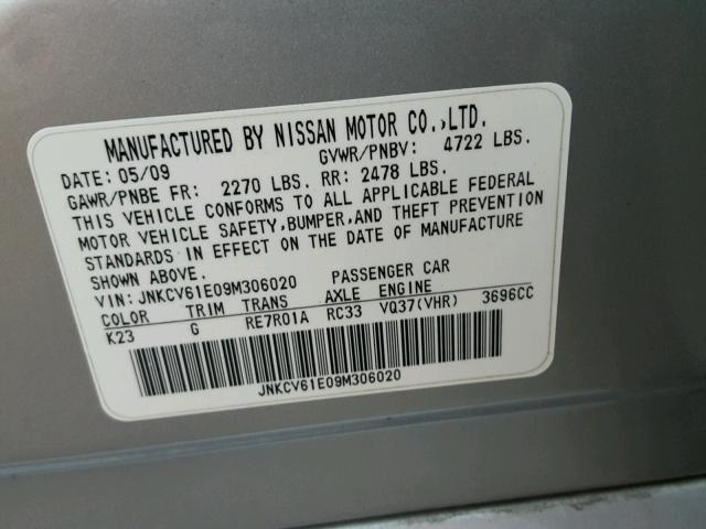 JNKCV61E09M306020 - 2009 INFINITI G37 BASE SILVER photo 10