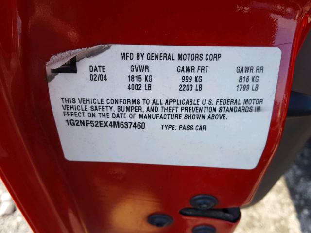 1G2NF52EX4M637460 - 2004 PONTIAC GRAND AM S RED photo 10