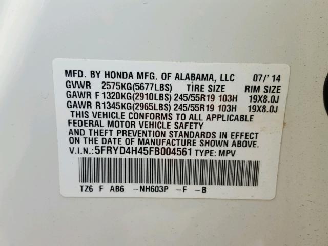 5FRYD4H45FB004561 - 2015 ACURA MDX TECHNO WHITE photo 10