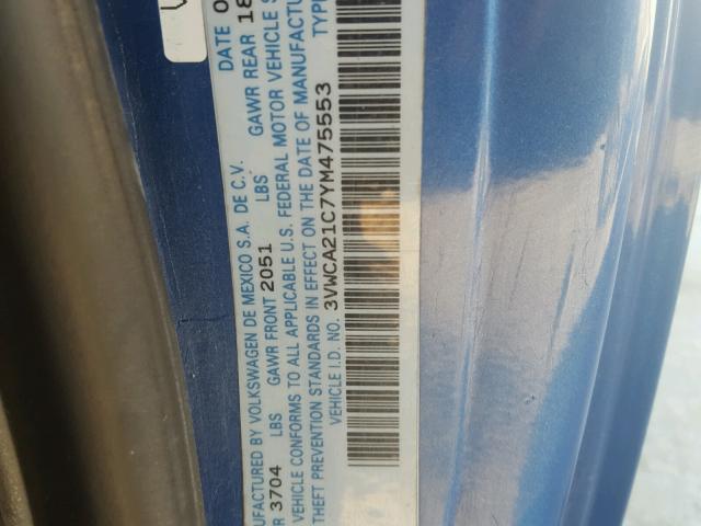 3VWCA21C7YM475553 - 2000 VOLKSWAGEN NEW BEETLE 蓝色 照片 10