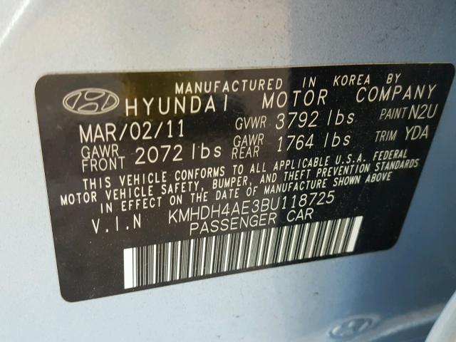 KMHDH4AE3BU118725 - 2011 HYUNDAI ELANTRA GL BLUE photo 10