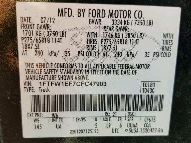 1FTFW1EF7CFC47903 - 2012 FORD F150 SUPER GREEN photo 10