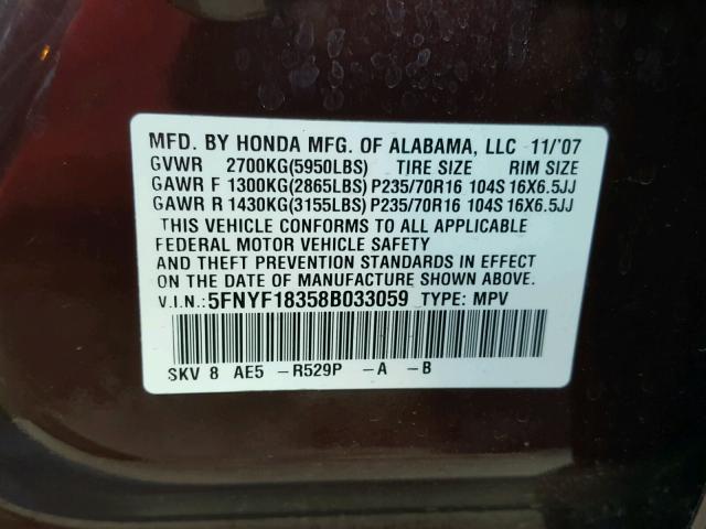 5FNYF18358B033059 - 2008 HONDA PILOT SE MAROON photo 10