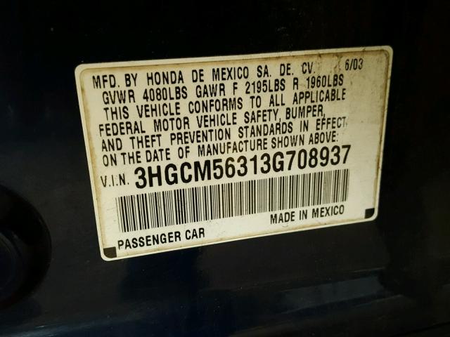 3HGCM56313G708937 - 2003 HONDA ACCORD LX BLUE photo 10