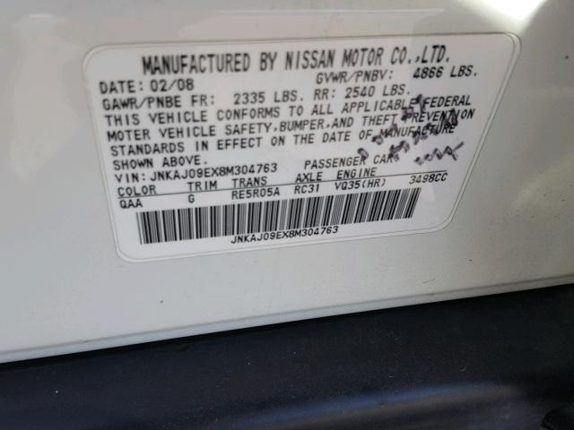 JNKAJ09EX8M304763 - 2008 INFINITI EX35 BASE WHITE photo 10