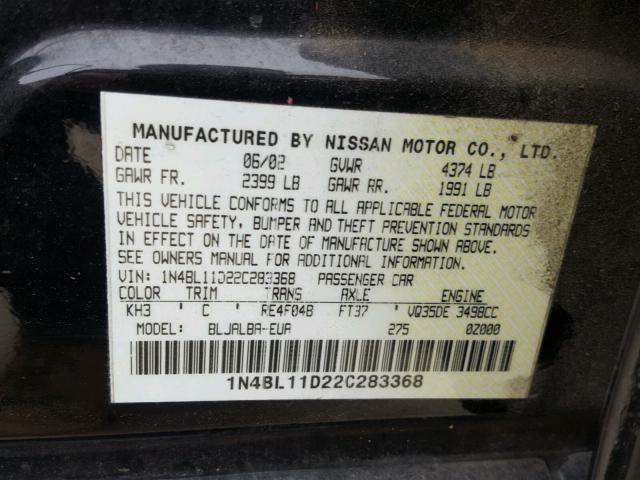 1N4BL11D22C283368 - 2002 NISSAN ALTIMA SE BLACK photo 10