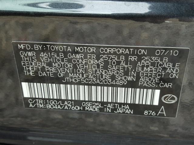 JTHCF5C23A2034489 - 2010 LEXUS IS 250 BLACK photo 10