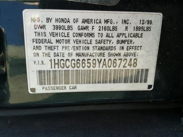 1HGCG6659YA067248 - 2000 HONDA ACCORD LX GREEN photo 10