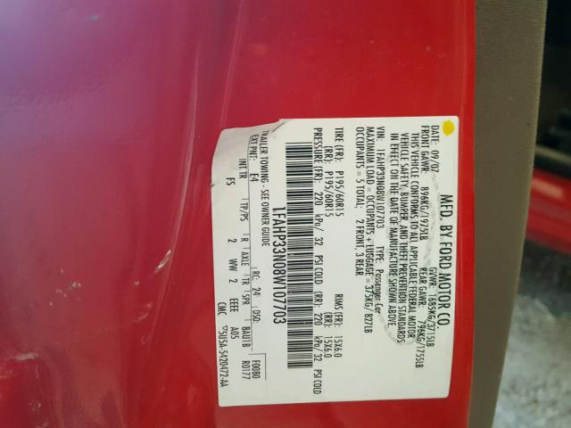 1FAHP33N08W107703 - 2008 FORD FOCUS SE RED photo 10