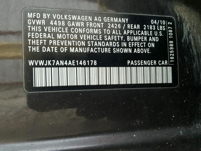 WVWJK7AN4AE146178 - 2010 VOLKSWAGEN PASSAT KOM CHARCOAL photo 10