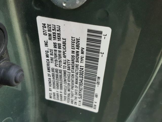 5J6YH27654L030241 - 2004 HONDA ELEMENT EX GREEN photo 10