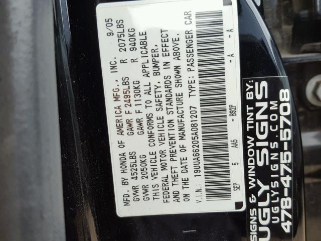 19UUA66205A081207 - 2005 ACURA TL BLACK photo 10