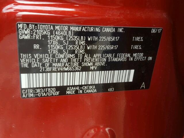 2T3BFREV4HW665362 - 2017 TOYOTA RAV4 LE RED photo 10