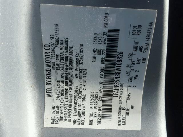 1FAHP35N38W108826 - 2008 FORD FOCUS SE SILVER photo 10