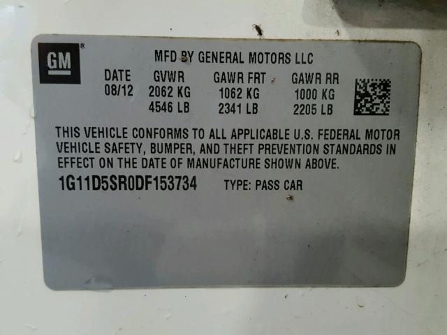 1G11D5SR0DF153734 - 2013 CHEVROLET MALIBU 1LT WHITE photo 10