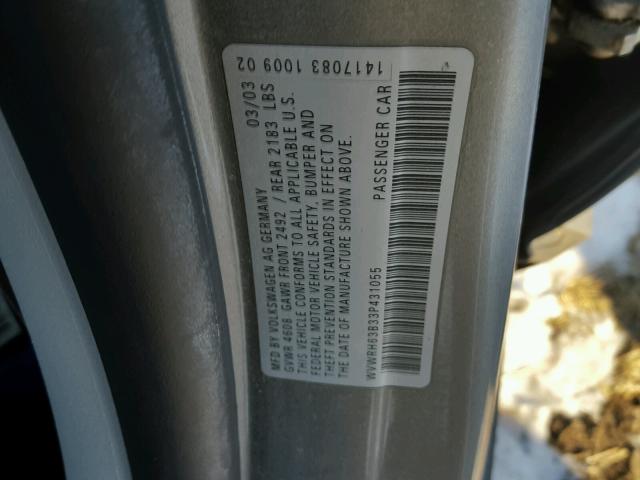 WVWRH63B33P431055 - 2003 VOLKSWAGEN PASSAT GLX GRAY photo 10