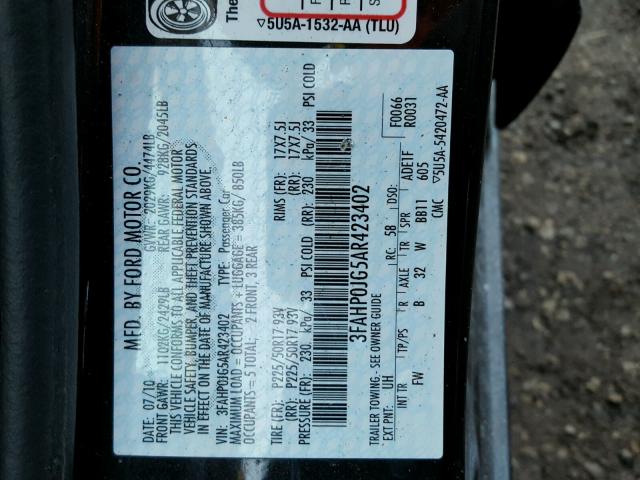 3FAHP0JG5AR423402 - 2010 FORD FUSION SEL BLACK photo 10