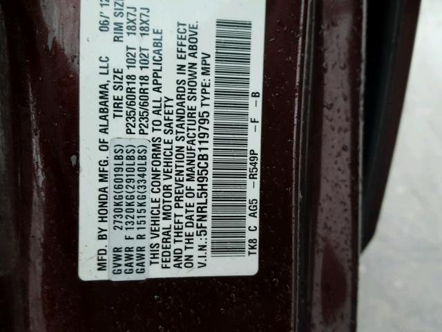 5FNRL5H95CB119795 - 2012 HONDA ODYSSEY TO MAROON photo 10