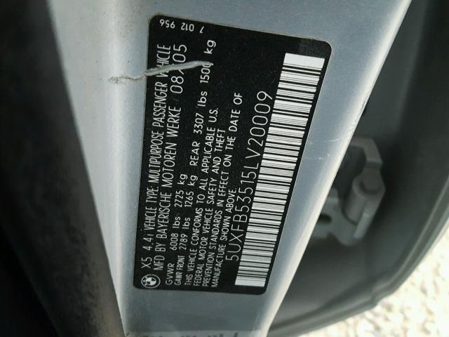 5UXFB53515LV20009 - 2005 BMW X5 4.4I SILVER photo 10