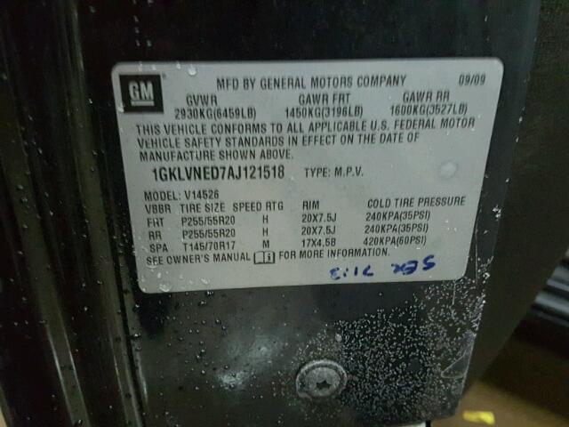 1GKLVNED7AJ121518 - 2010 GMC ACADIA SLT შავი ფოტო 10