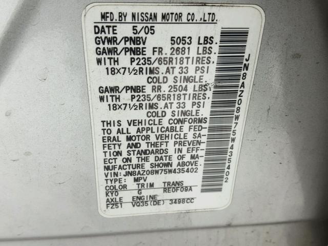 JN8AZ08W75W435402 - 2005 NISSAN MURANO SL SILVER photo 10