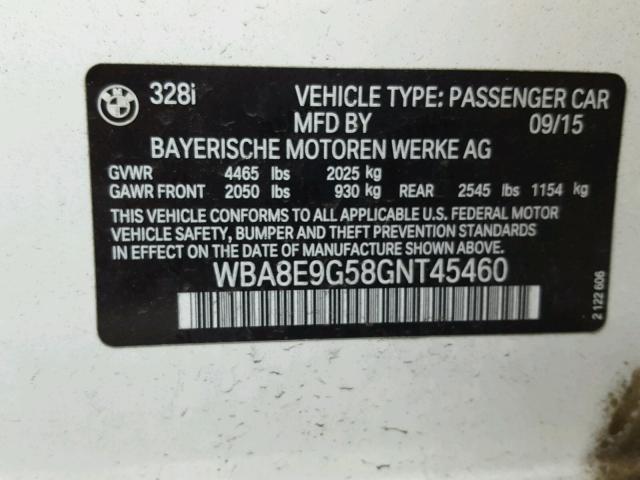 WBA8E9G58GNT45460 - 2016 BMW 328 I SULE WHITE photo 10