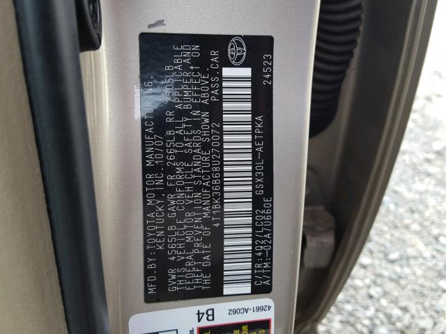 4T1BK36B68U270072 - 2008 TOYOTA AVALON GOLD photo 10