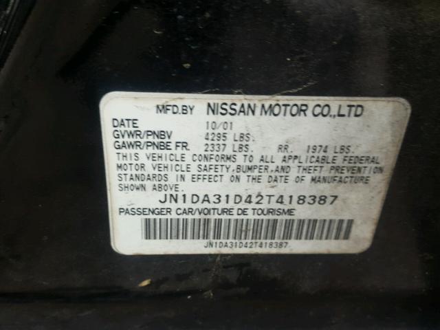 JN1DA31D42T418387 - 2002 NISSAN MAXIMA GLE BLACK photo 10