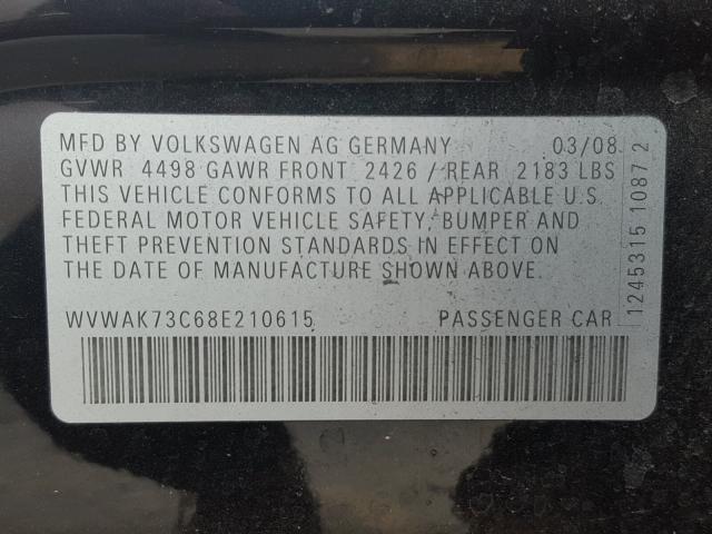 WVWAK73C68E210615 - 2008 VOLKSWAGEN PASSAT KOM BLACK photo 10