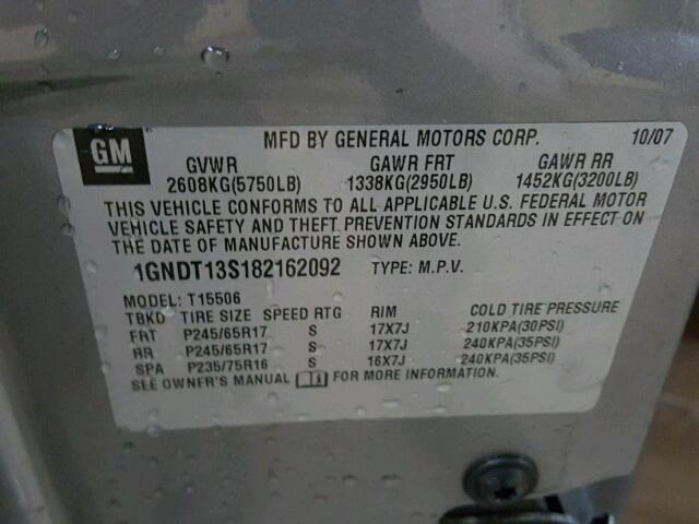 1GNDT13S182162092 - 2008 CHEVROLET TRAILBLAZE SILVER photo 10