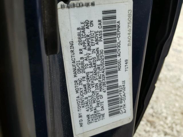 4T1BE32K42U502530 - 2002 TOYOTA CAMRY LE BLUE photo 10