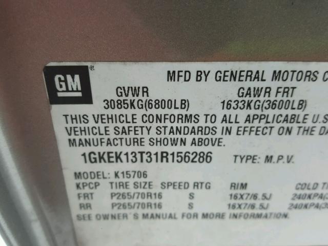 1GKEK13T31R156286 - 2001 GMC YUKON GOLD photo 10