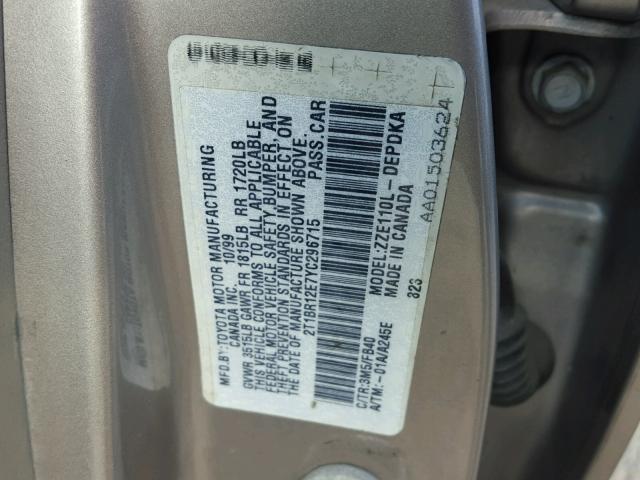 2T1BR12E7YC296715 - 2000 TOYOTA COROLLA VE GOLD photo 10