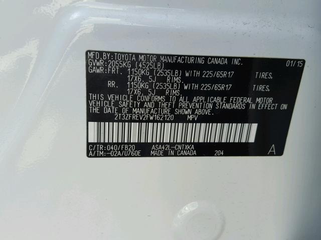 2T3ZFREV2FW162120 - 2015 TOYOTA RAV4 LE Ağ foto 10