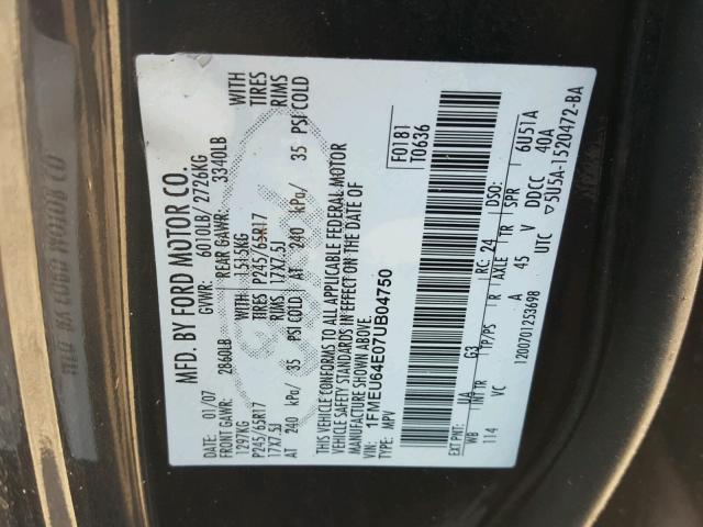 1FMEU64E07UB04750 - 2007 FORD EXPLORER E BLACK photo 10