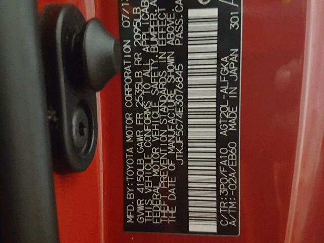 JTKJF5C74E3076845 - 2014 TOYOTA SCION TC 红色 照片 10