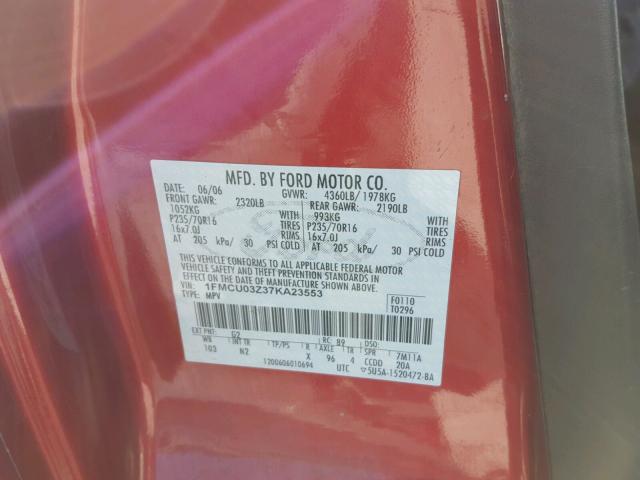 1FMCU03Z37KA23553 - 2007 FORD ESCAPE XLT RED photo 10