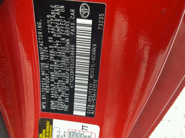 4T1CA38P65U058686 - 2005 TOYOTA CAMRY SOLA RED photo 10